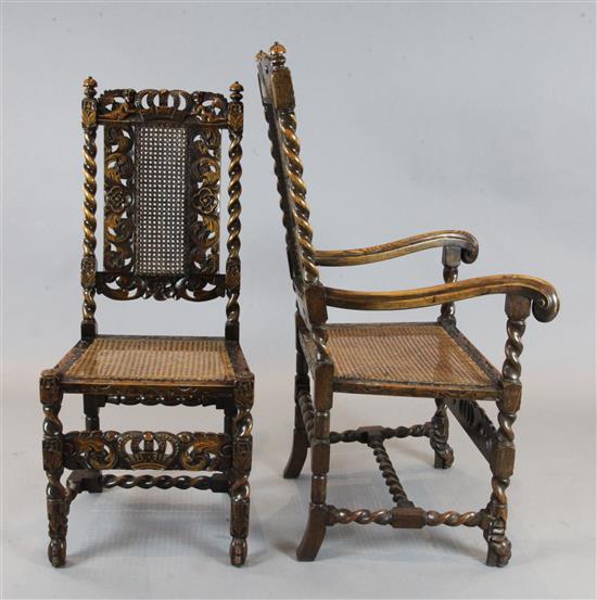 A set of ten Carolean style carved oak dining chairs, carvers W.2ft 2in. H.4ft 2in. chairs W.1ft 5in. H.3ft 10in.